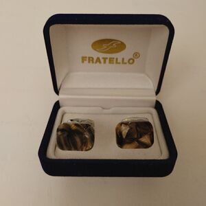 MEN'S FRATELLO BROWN, TAN, IVORY SQUARE ABSTRACT DESIGN CUFFLINKS.